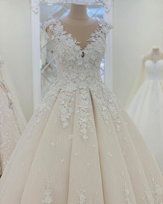 Lace Princess Wedding Dresses Cap Sleeves