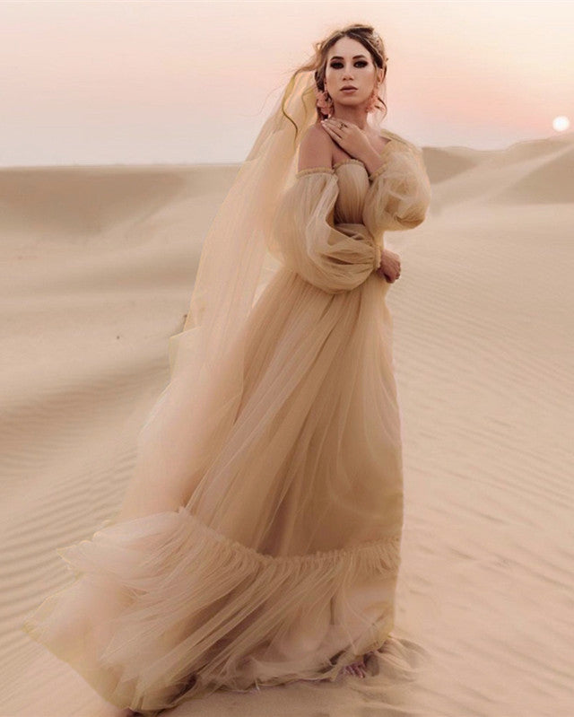 Champagne Tulle Boho Wedding Dresses Sleeved