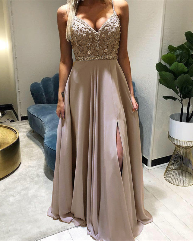 Beaded V-Neck Split Bridesmaid Dresses Chiffon