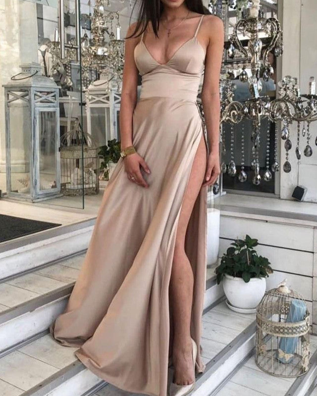 Simple V Neck Split Bridesmaid Dresses Long