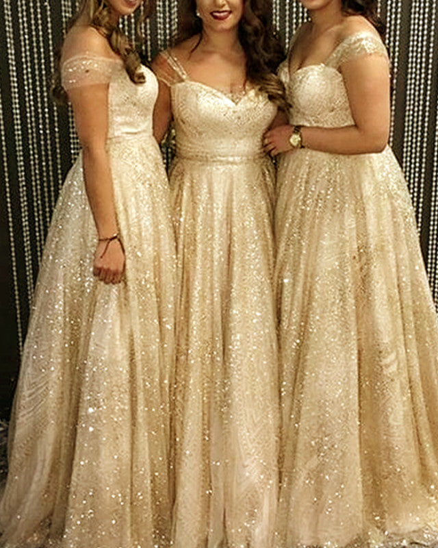 Long Champagne Sparkly Bridesmaid Dresses – Lisposa