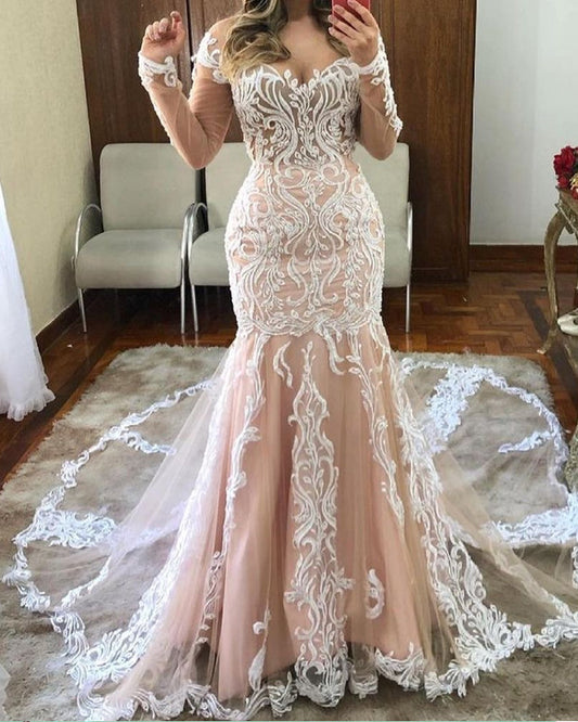 Champagne Mermaid Wedding Dresses Long Sleeves