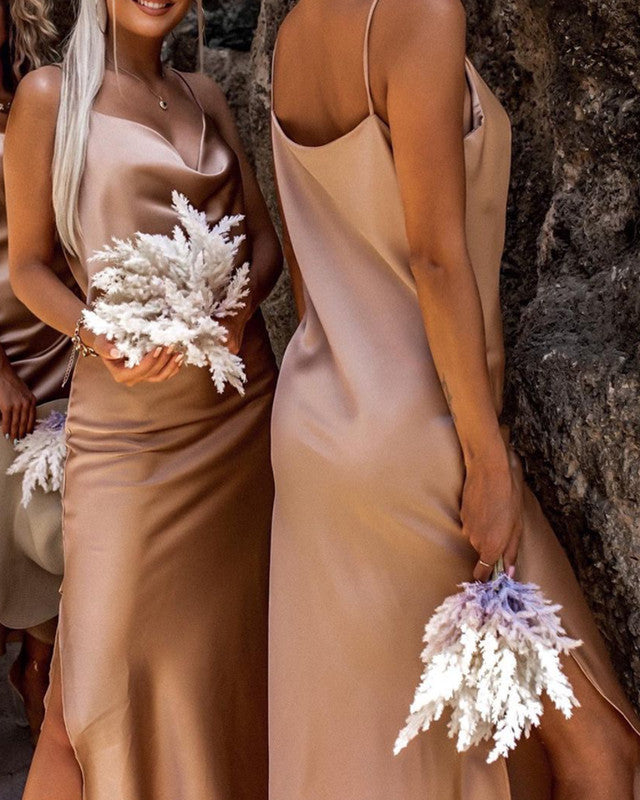 Champagne Midi Beach Bridesmaid Dresses With Slit