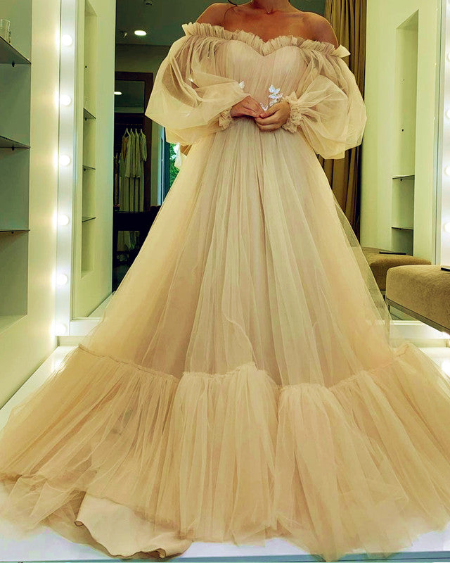 Tulle Princess Prom Dresses Puffy Sleeves Ruffles – Lisposa