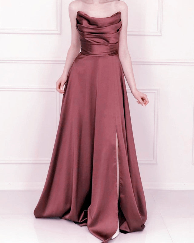 Strapless Satin Ruched Bridesmaid Dresses With Slit