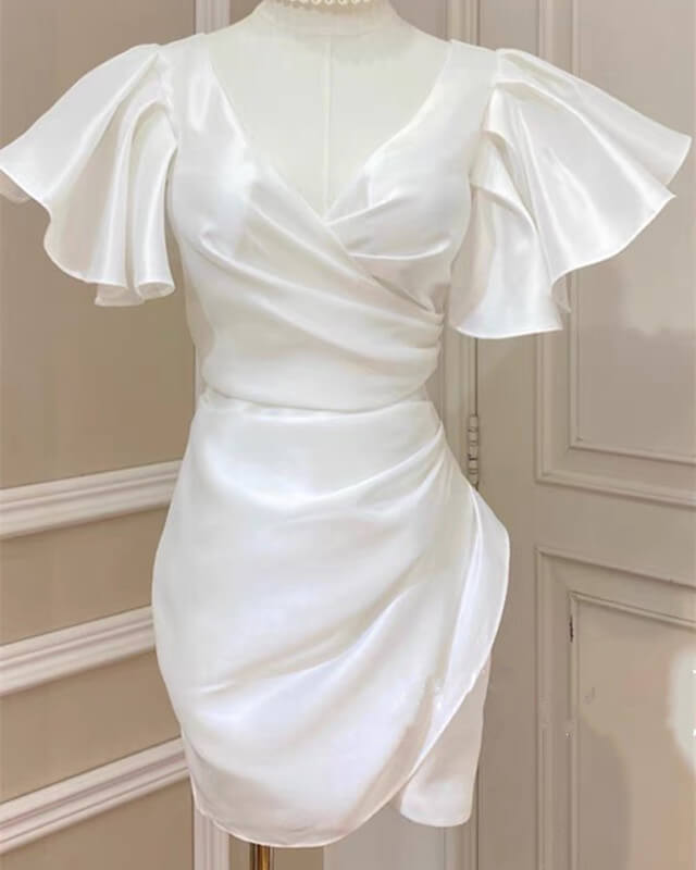 White V-neck Sheath Satin Flutter Sleeve Dress
