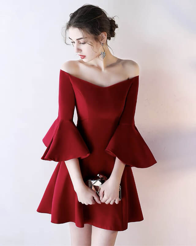 Short Belle Sleeve Satin Dress Off Shoulder
