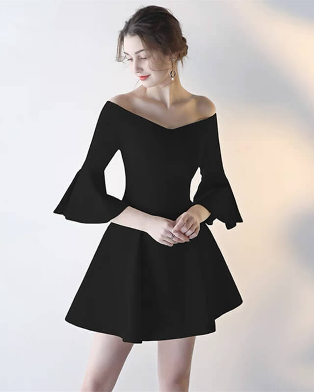 Short Belle Sleeve Satin Dress Off Shoulder