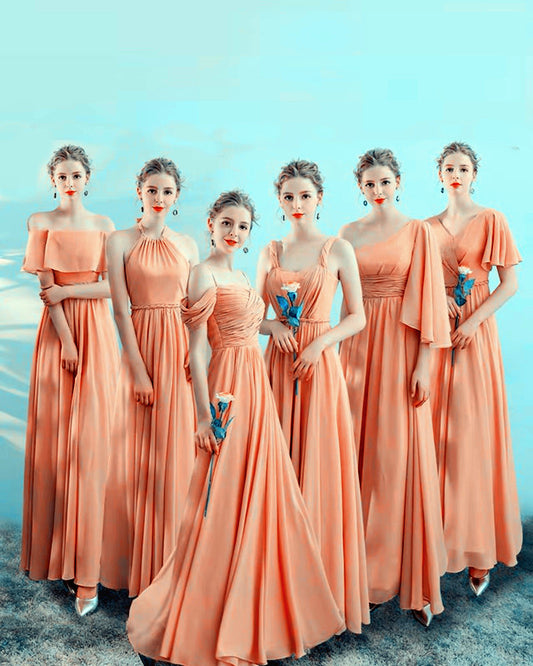 Coral Chiffon Beach Bridesmaid Dresses Mismatched