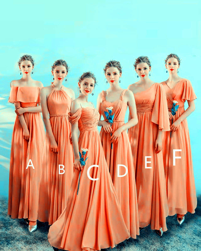 Coral Chiffon Beach Bridesmaid Dresses Mismatched