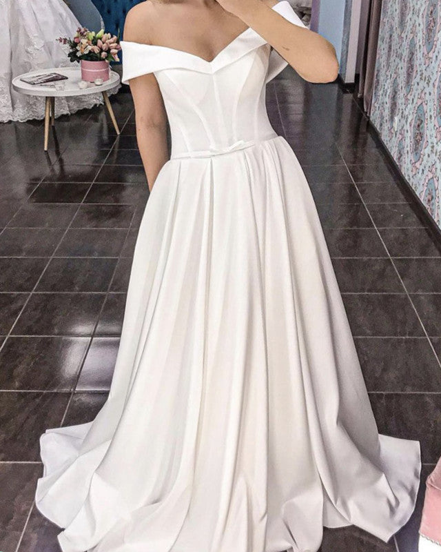 Simple Corset Wedding Dress Satin Off The Shoulder