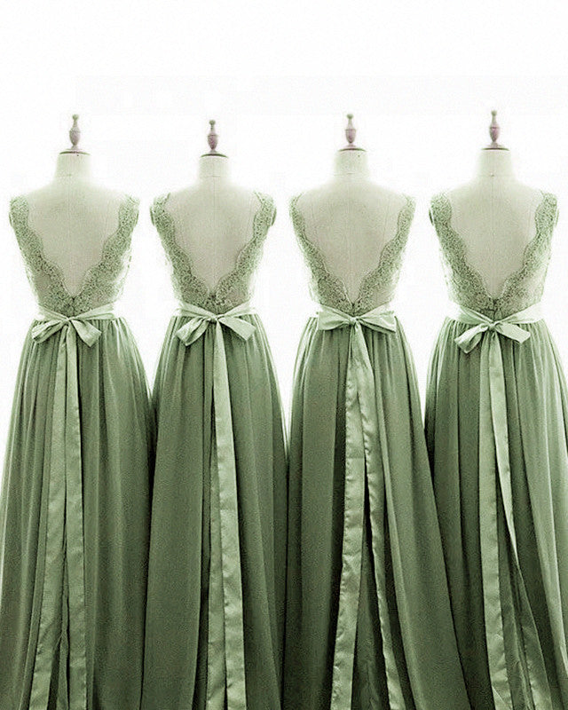 Dark Sage Bridesmaid Dresses Chiffon V-neck Appliques