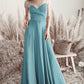Long Pleated V Neck Bridesmaid Dresses with straps
