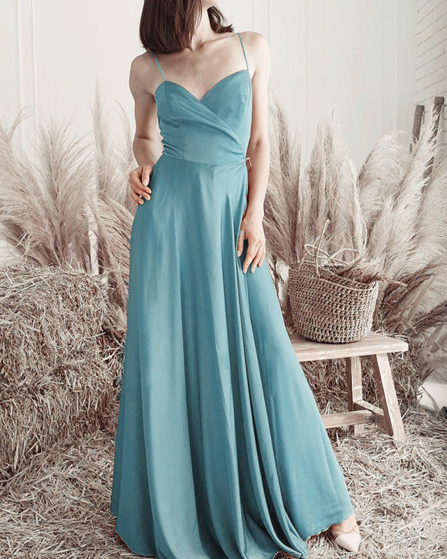 Long Pleated V Neck Bridesmaid Dresses with straps