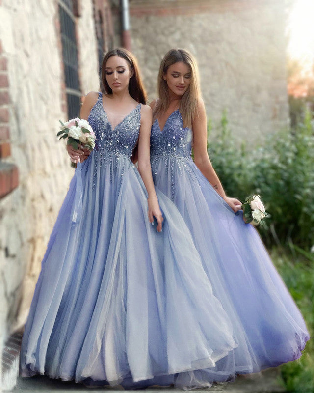 Tulle Bridesmaid Dresses V Neck Split Sequins Beaded