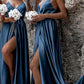 Dusty Blue Bridesmaid Dresses V Neck Slit