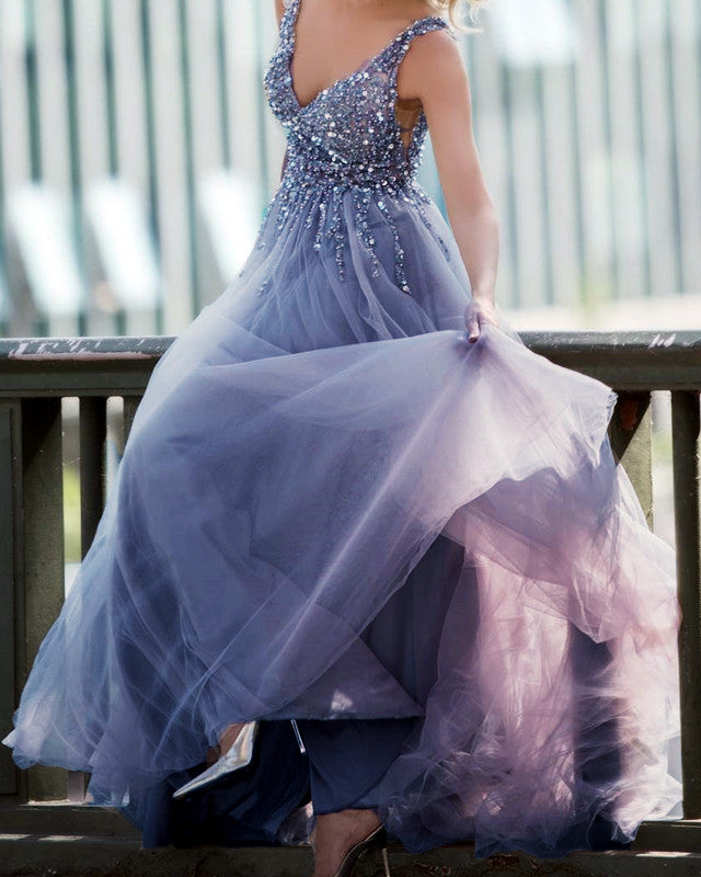 Tulle Boho Bridesmaid Dresses Sequins Beaded V Neck