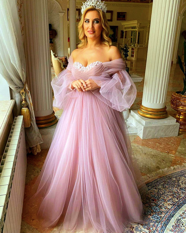 Dusty Pink Boho Wedding Dresses Tulle Long Sleeves Off The Shoulder – Lisposa