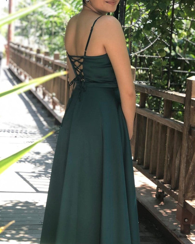 Emerald Green Satin V Neck Bridesmaid Dresses Split