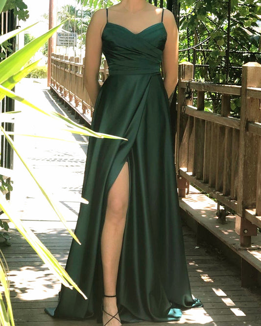 Emerald Green Satin V Neck Bridesmaid Dresses Split