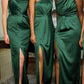 Green Sheath One Shoulder Satin Bridesmaid Dresses