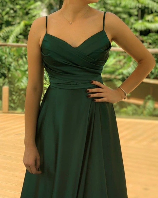 Emerald Green Satin V Neck Bridesmaid Dresses Split