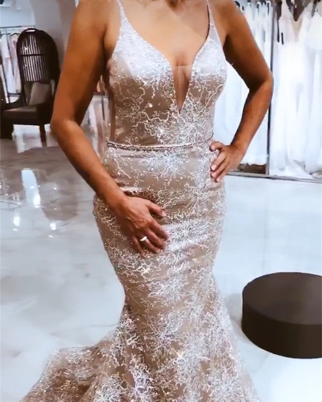 Champagne Lace mermaid prom dresses