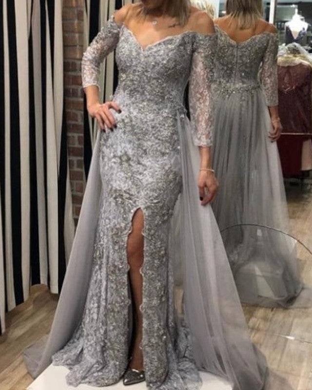Lace Mermaid Evening Dress Removable Train Off The Shoulder