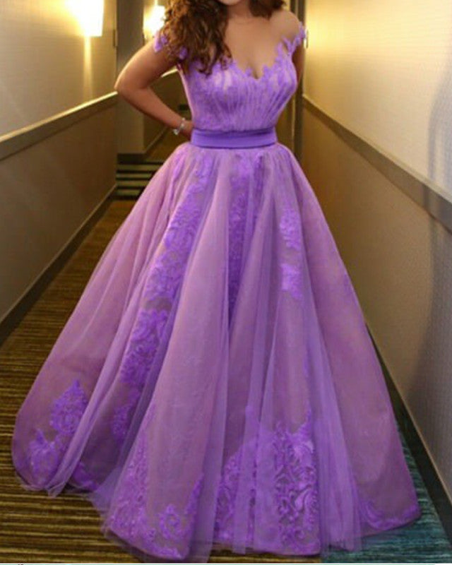 Tulle And Lace Cap Sleeves Prom Evening Dress Sheer Neck