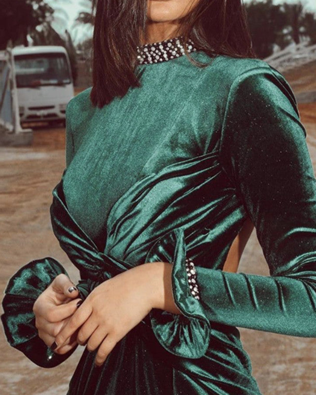 Mermaid Backless Velvet Evening Dress Long Sleeves
