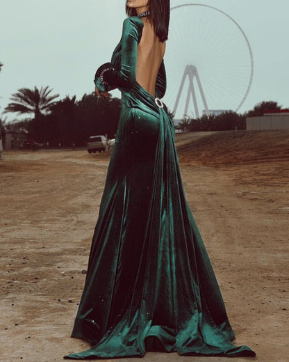 Green Velvet Mermaid Evening Dress