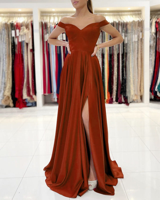 Off The Shoulder Bridesmaid Dresses Satin Split – Lisposa