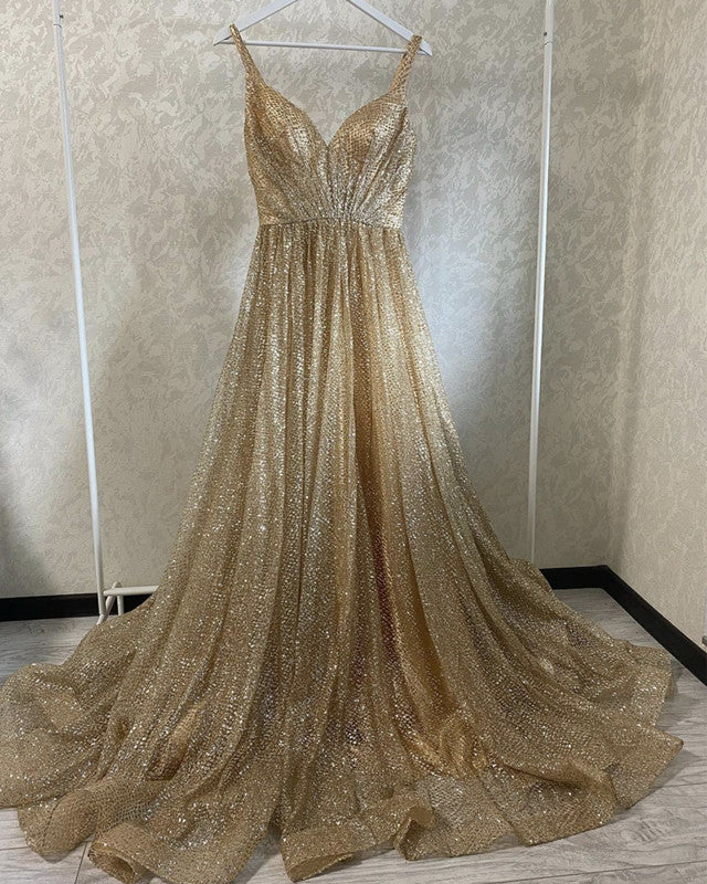 Long Sparkly Bridesmaid Dresses Plunge Neck
