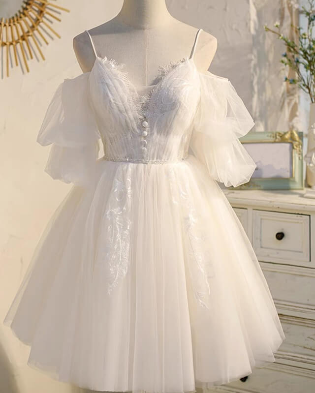 White Tulle V Neck Applique Dress