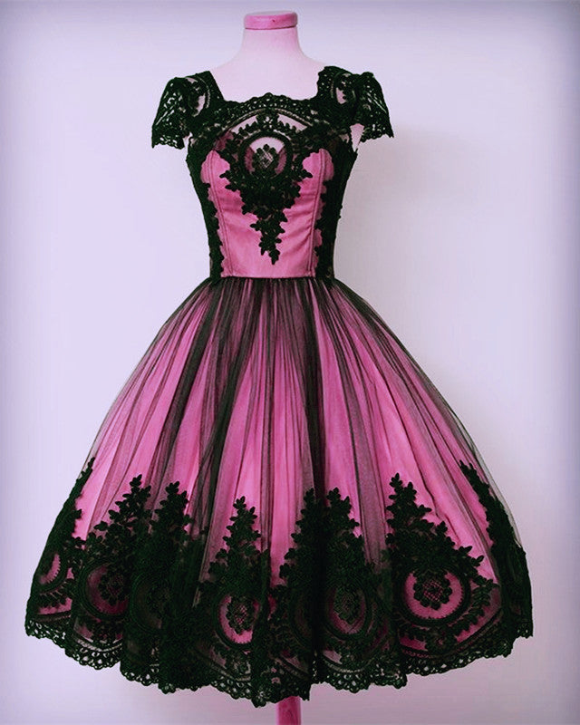 Vintage Black Lace Prom Dresses Short Ball Gown