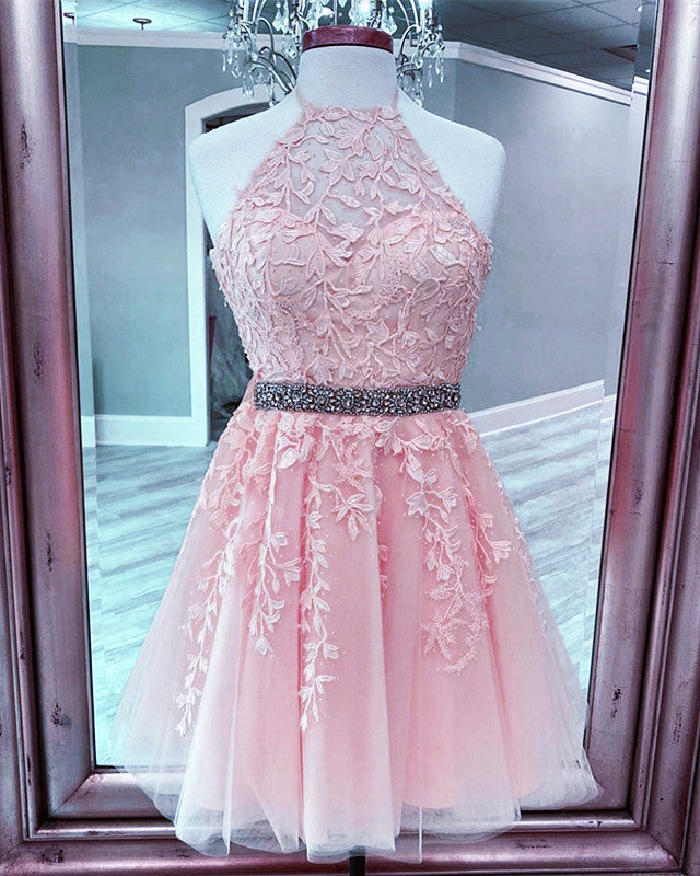 homecoming 2020 dresses Halter Lace Embroidery Beaded Sashes – Lisposa homecoming dresses 2026