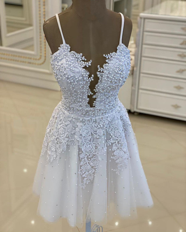Short White Lace Prom Homecoming Dresses Beaded – Lisposa