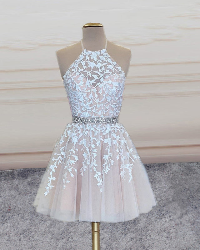 Short Halter Prom Homecoming Dresses Lace Embroidery
