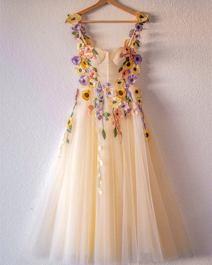 Champagne A-line Tea Length Corset Dress With 3D Flowers