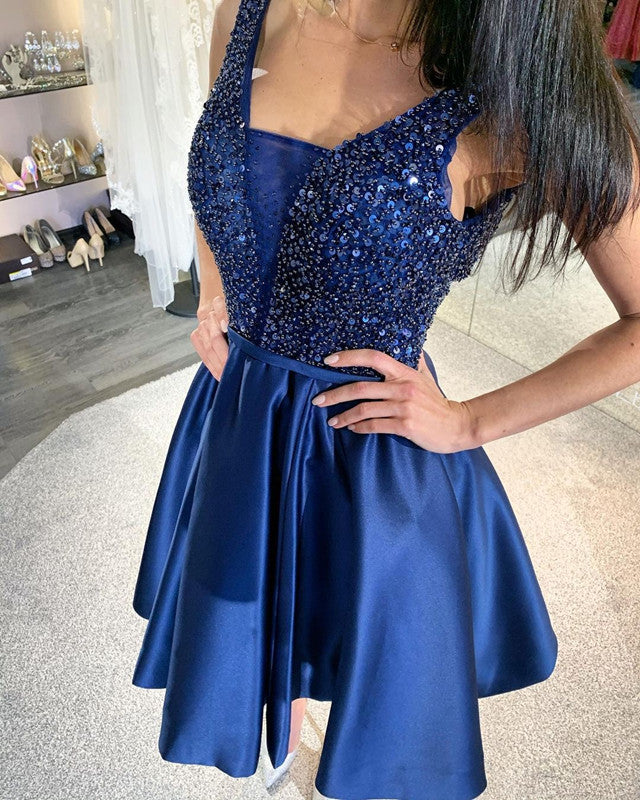 Beaded Satin Homecoming Dresses Plunge Neck