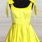 Short Yellow Satin Bow Shoulder Homecoming Dresses