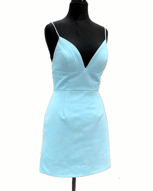 Light Blue Tight Satin V-neck Homecoming Dresses