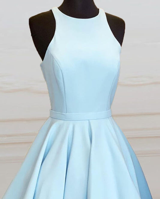 Baby Blue Satin Scoop Neckline Homecoming Dresses