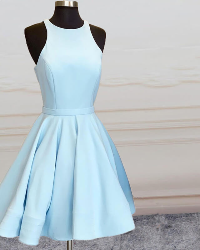 Baby Blue Satin Scoop Neckline Homecoming Dresses
