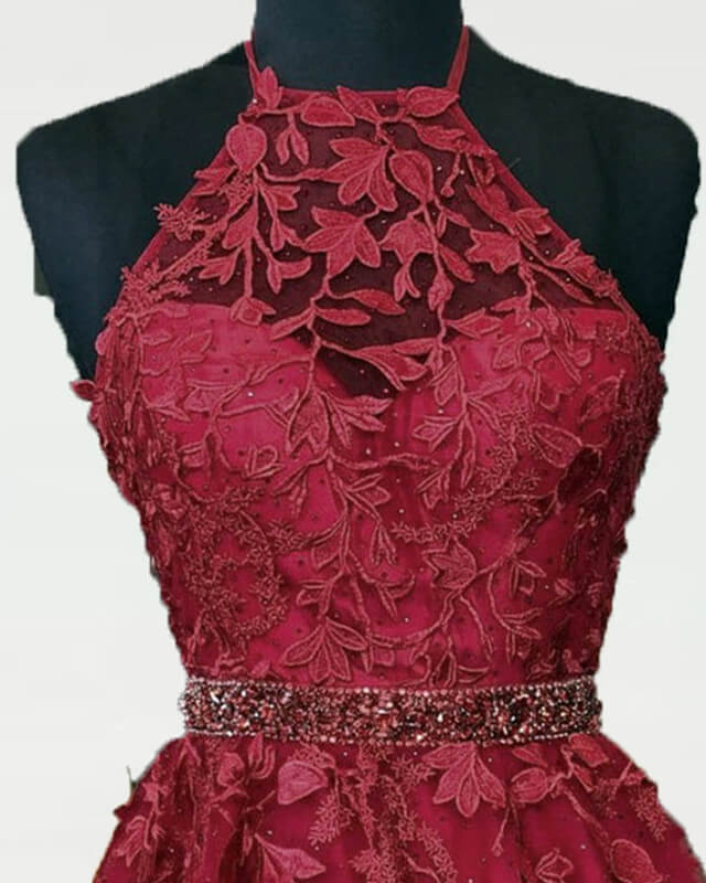 Maroon Tulle Homecoming Dresses Lace Halter