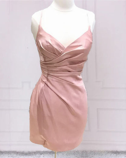 Blush Pink Tight Satin Homecoming Dresses Pleated V-neck Lisposa Blush Pink Tight Satin Homecoming Dresses Pleated V-neck Lisposa