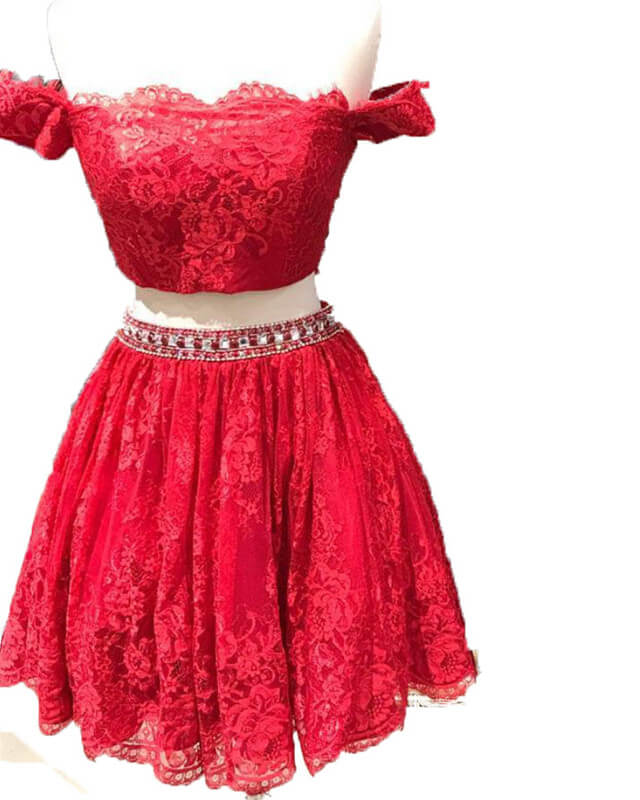 Two Piece Red Lace Homecoming Dresses