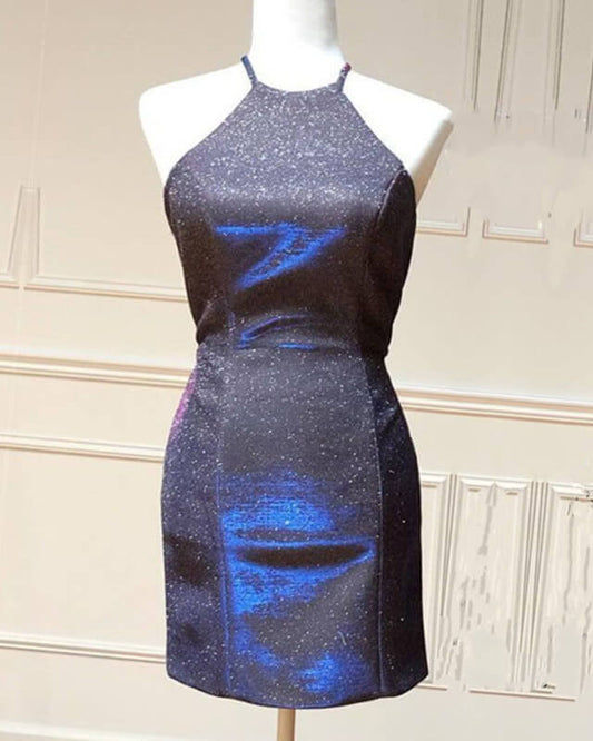 Metallic Halter Homecoming Dress