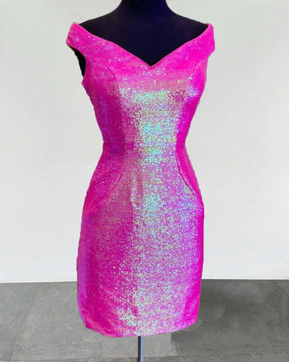 Short Neon Pink Tight Sequin Homecoming Dresses