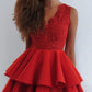 Short Red Lace V Neck Ruffles Satin Cocktail Dress